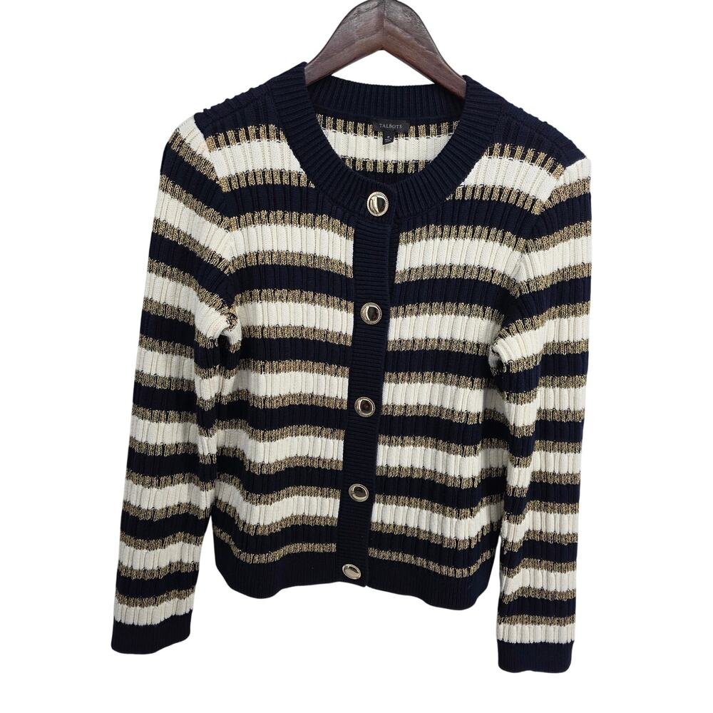 Talbots Combed Cotton Crewneck Cardigan Metallic Gold Navy White Stripe Size Med